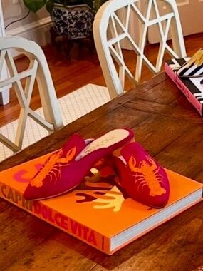 Pancora Hot Pink Mules with Orange Lobster Embroidery